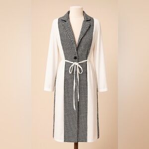Houndstooth Panel Long Cardigan with Tie - Black & White